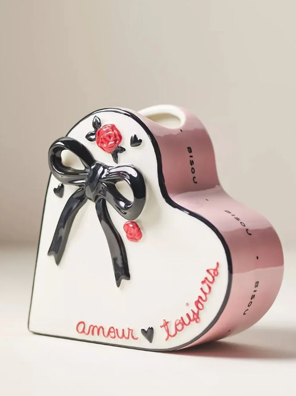 Anthropologie Pink White Black Amour Ceramic Heart Shaped Vase